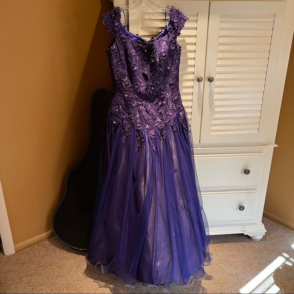 Voly Munoz Purple Off Shoulder Gown with Flowers